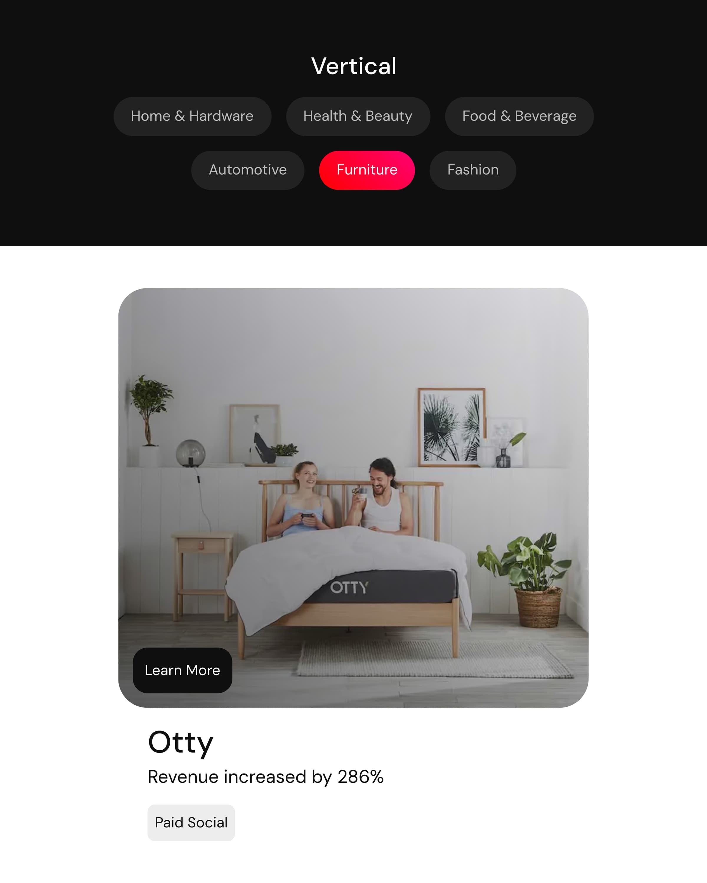 Digital Media Team case studies filtered by vertical, with Furniture selected and an Otty card showing revenue up 286%