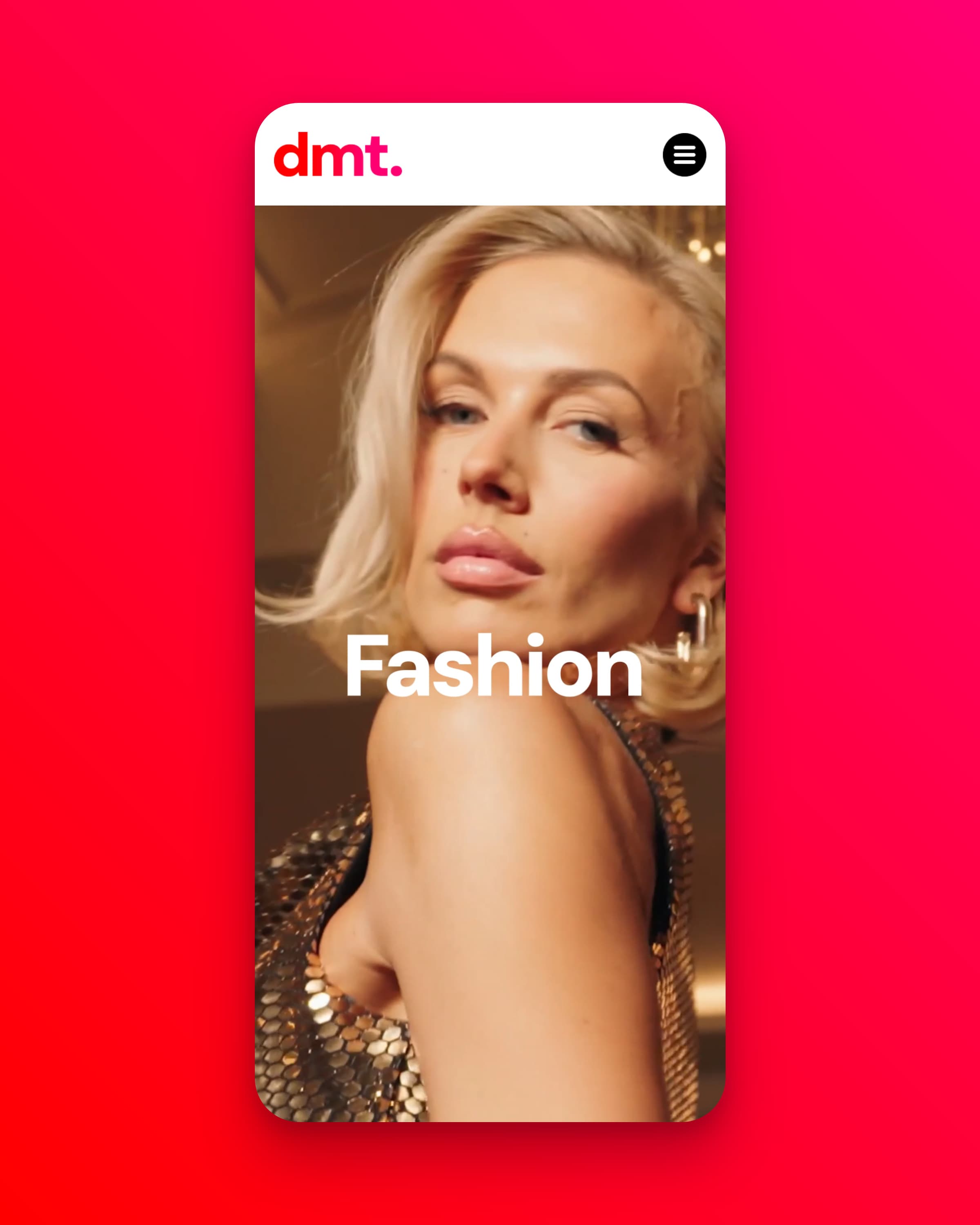 Digital Media Team site on a phone, with a full-screen fashion video still and the word Fashion, on a bold red background