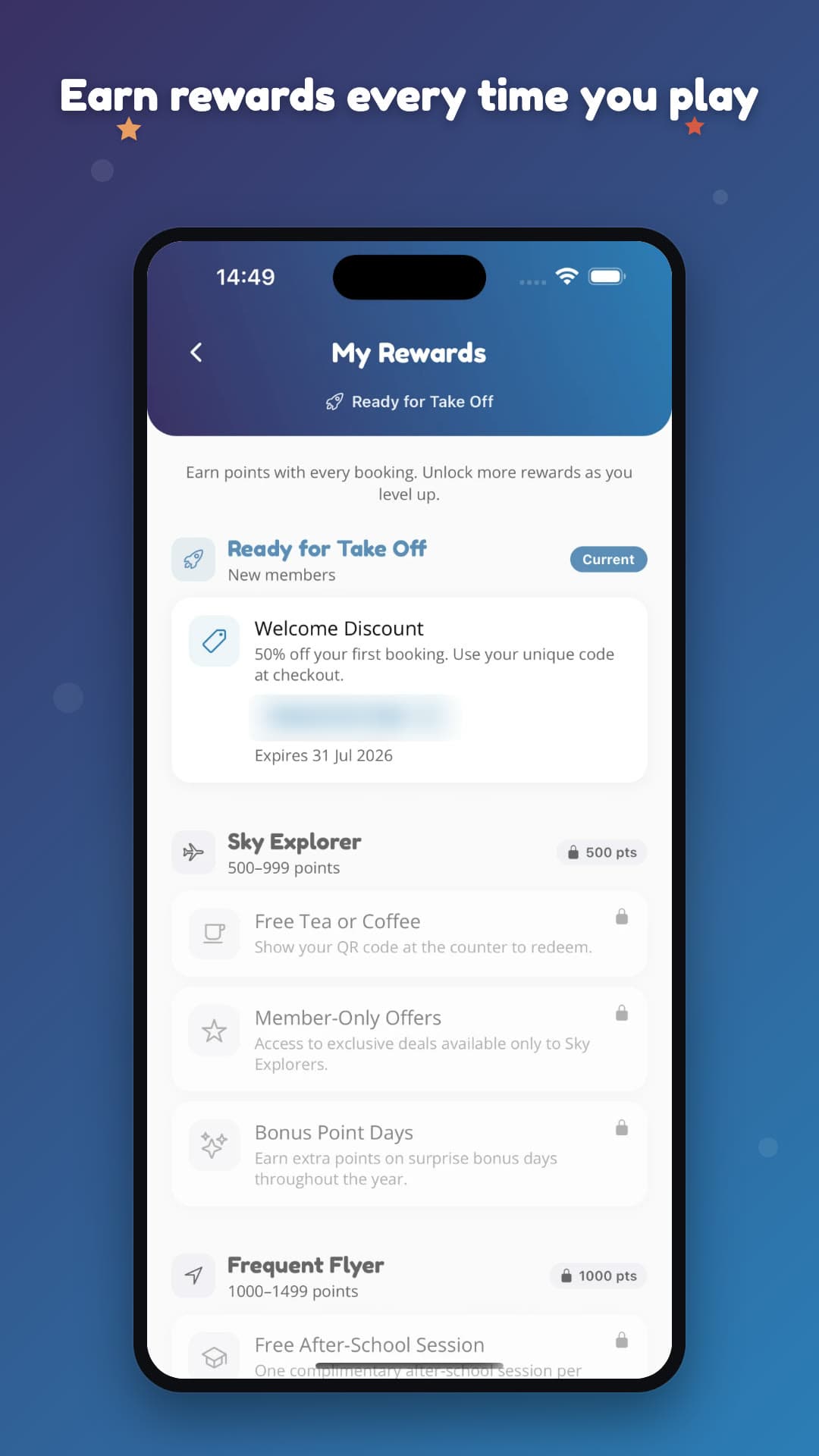 Fun Arena app My Rewards screen on a phone, headed Earn rewards every time you play, with loyalty tiers from Ready for Take Off to Frequent Flyer