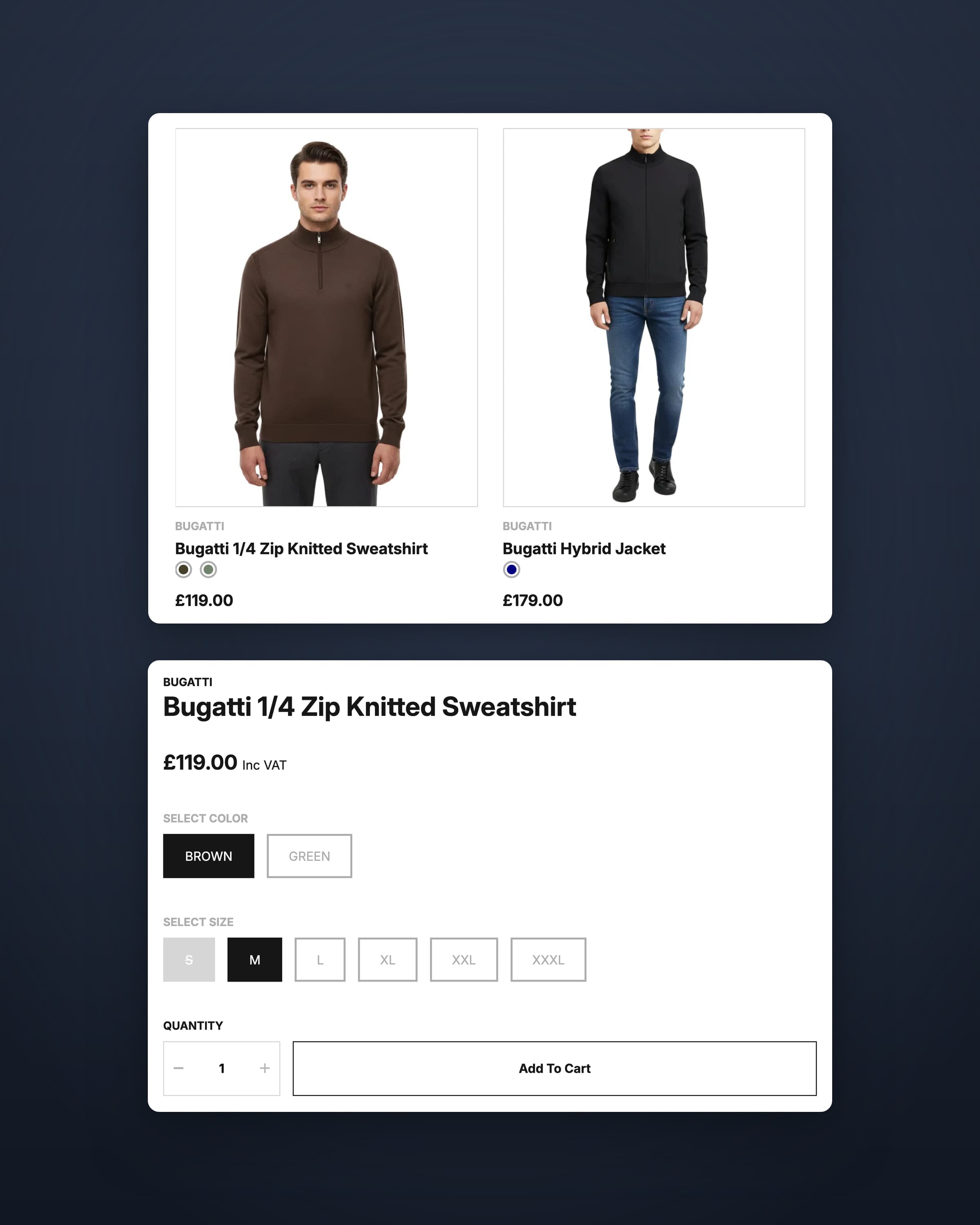 M2M Menswear Bugatti product cards above a product page with colour and size options and an Add To Cart button