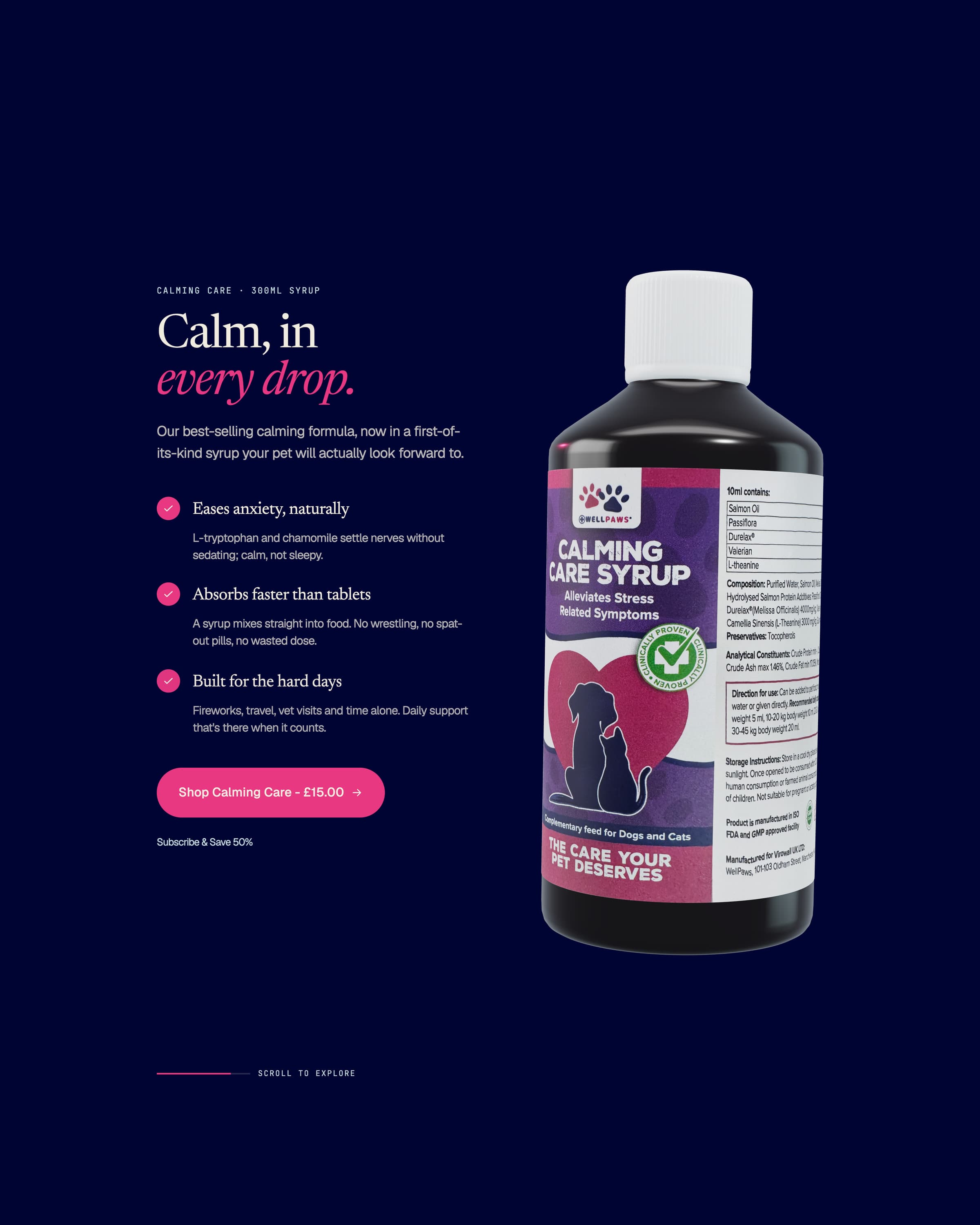 WellPaws Calming Care Syrup feature on navy, headed Calm, in every drop, with three benefits and a £15.00 shop button