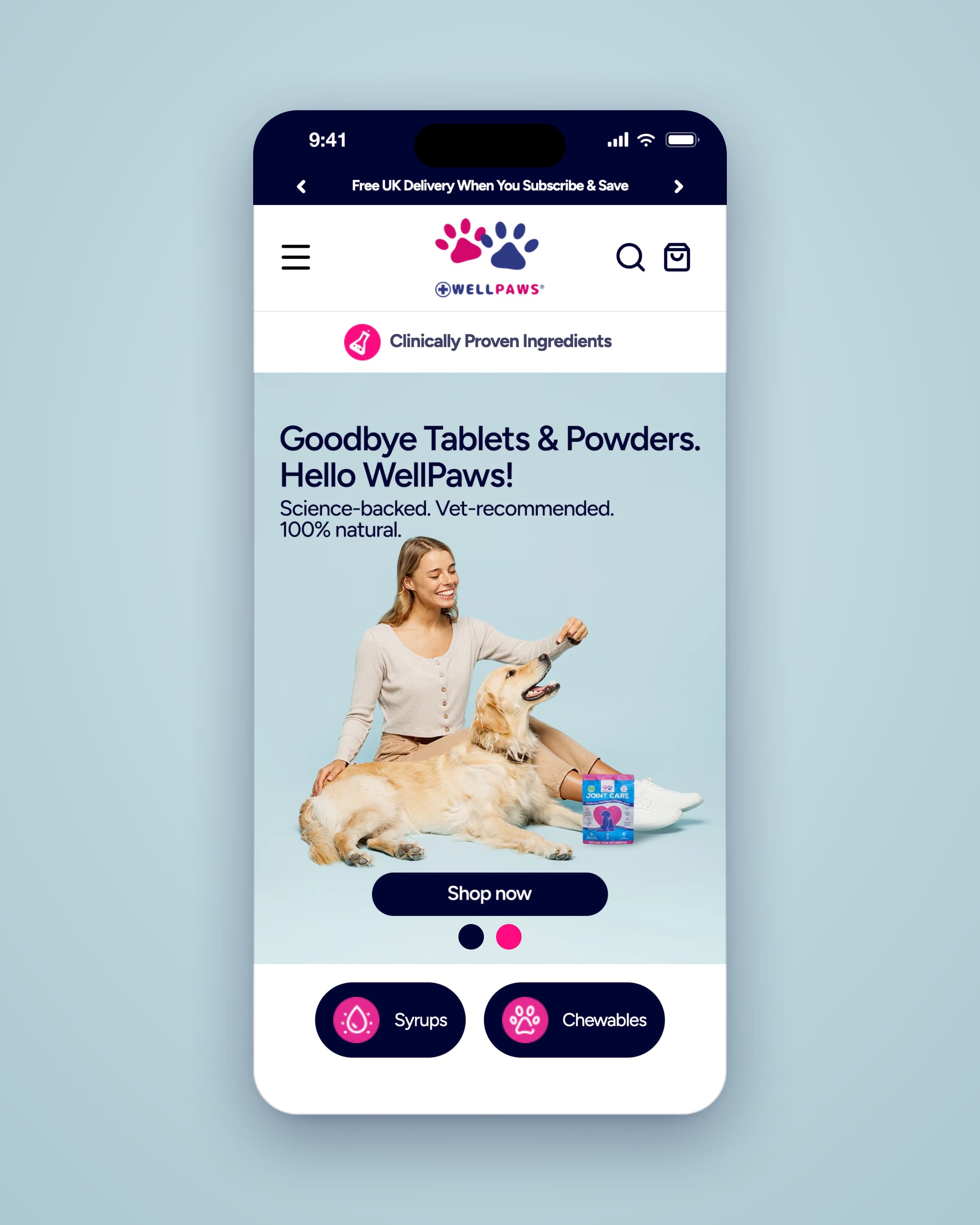 WellPaws homepage on a phone, with the Hello WellPaws hero of a woman treating a golden retriever, and Syrups and Chewables links